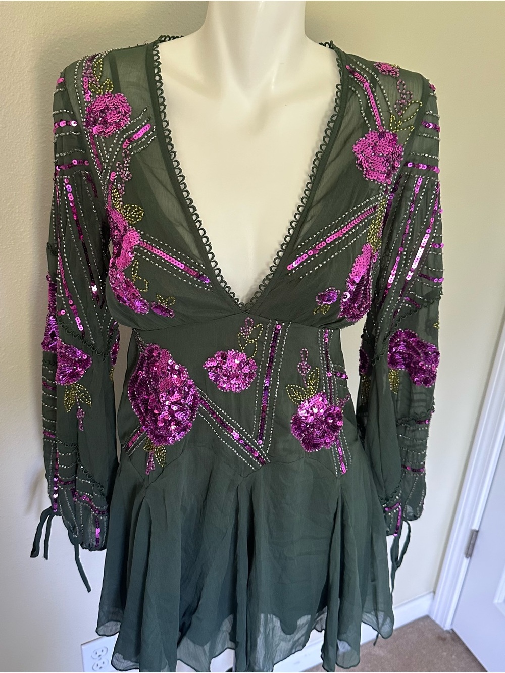 ASOS Olive Green Long Sleeve Embellished Mini Dress with Pink Sequin Florals